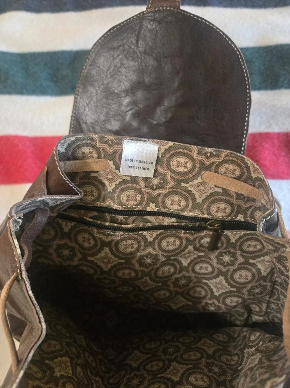Brown Leather Sunburst Accent Backpack Purse